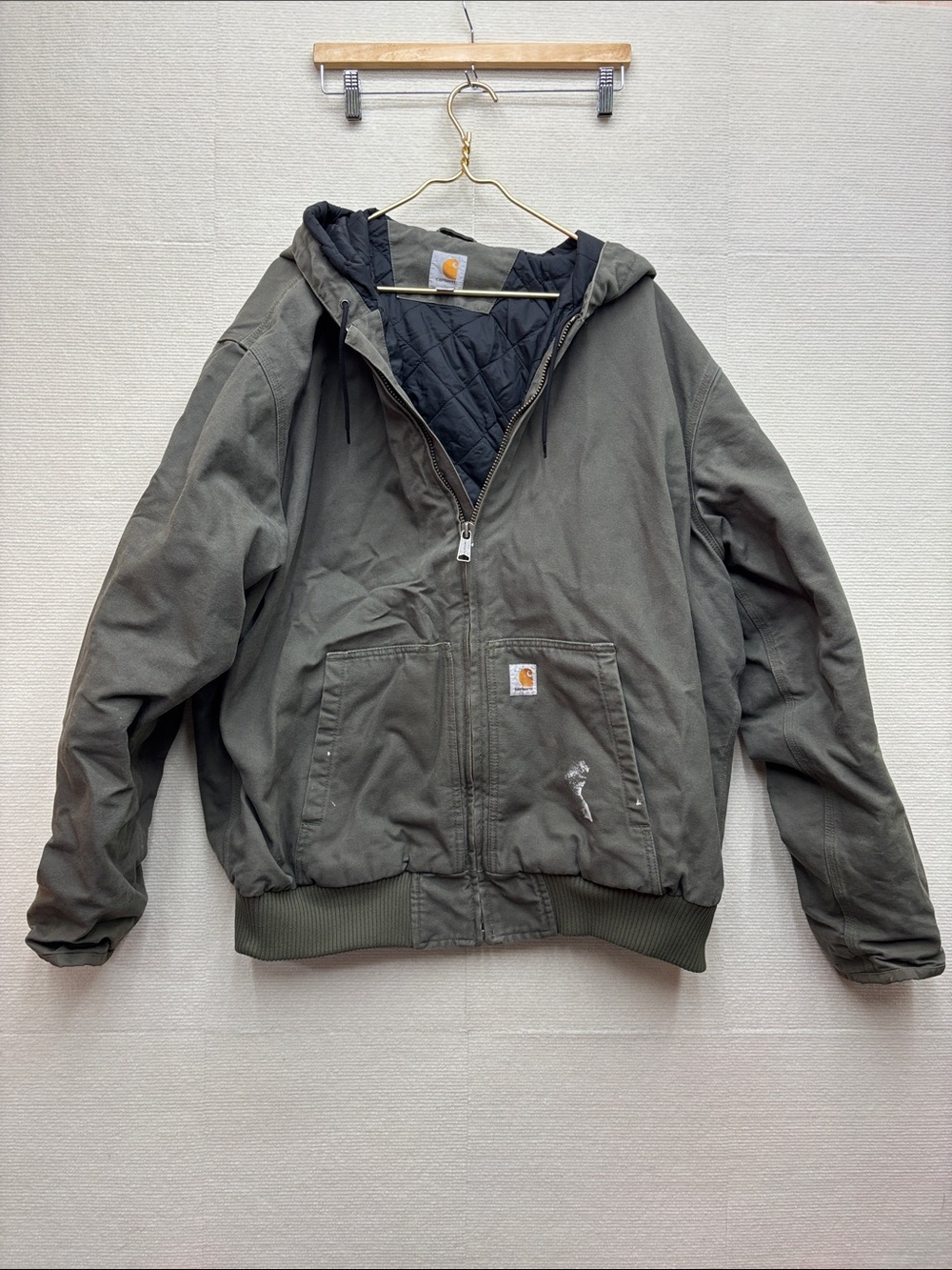 Carhartt Olive Green Quilted-Lined Hooded Work Jacket 2XL tall